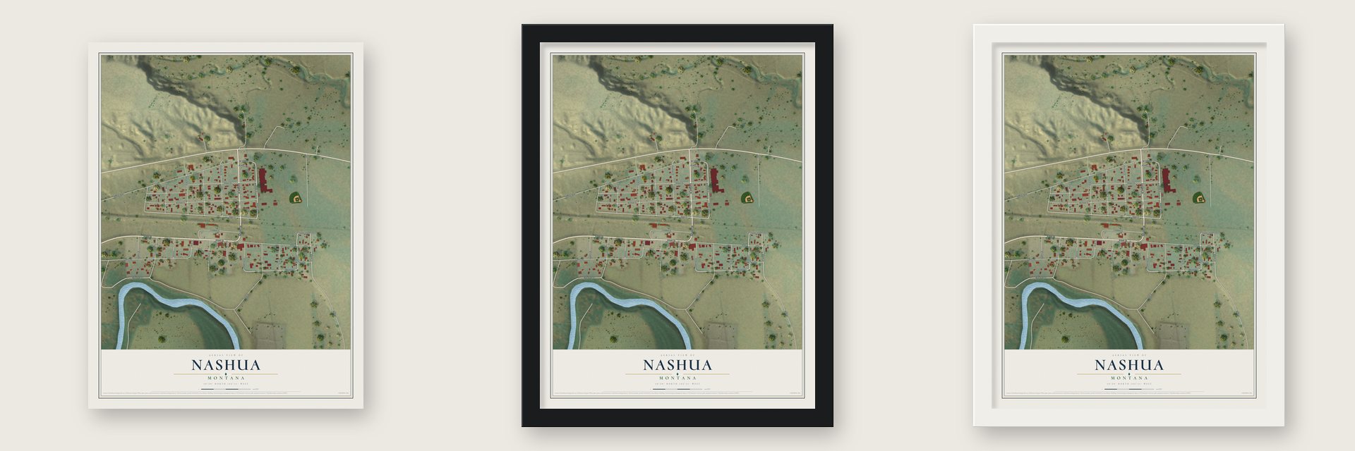 Nashua, Montana map unframed, in a black wood frame and in a white wood frame