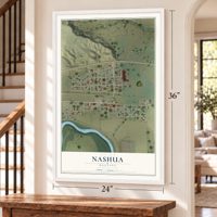 Nashua, Montana map, 24 x 36 inch print in a white frame by a staircase