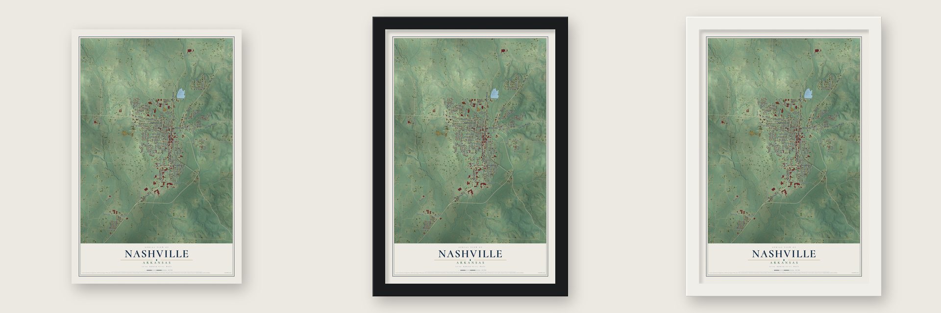 Nashville, Arkansas map unframed, in a black wood frame and in a white wood frame