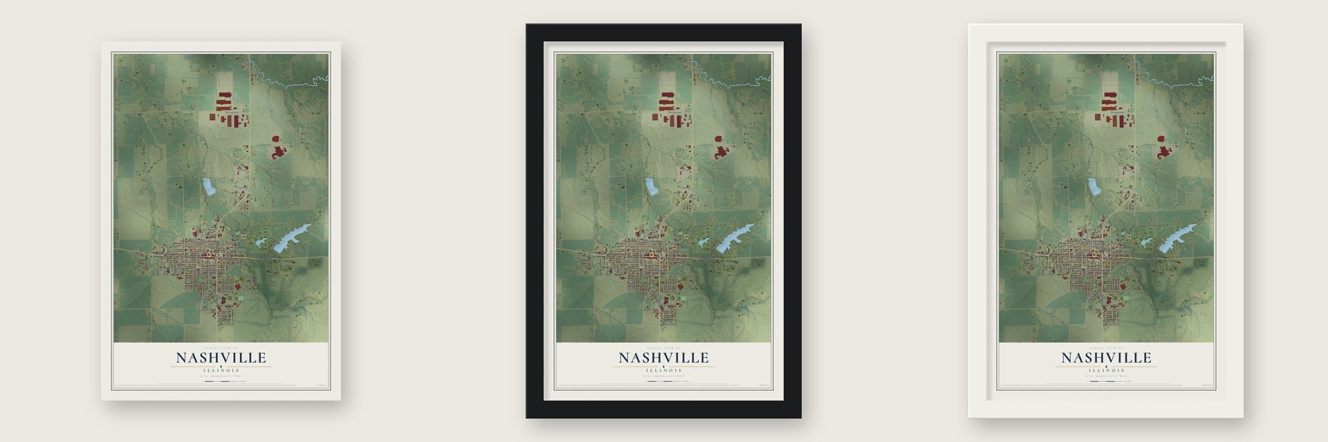 Nashville, Illinois map unframed, in a black wood frame and in a white wood frame