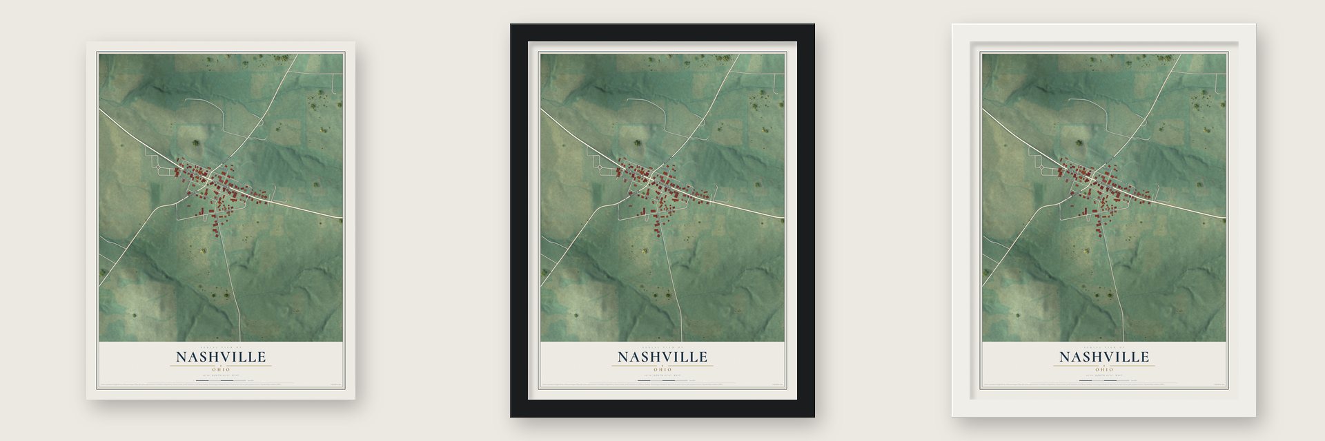 Nashville, Ohio map unframed, in a black wood frame and in a white wood frame