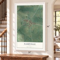 Nashville, Ohio map, 24 x 36 inch print in a white frame by a staircase