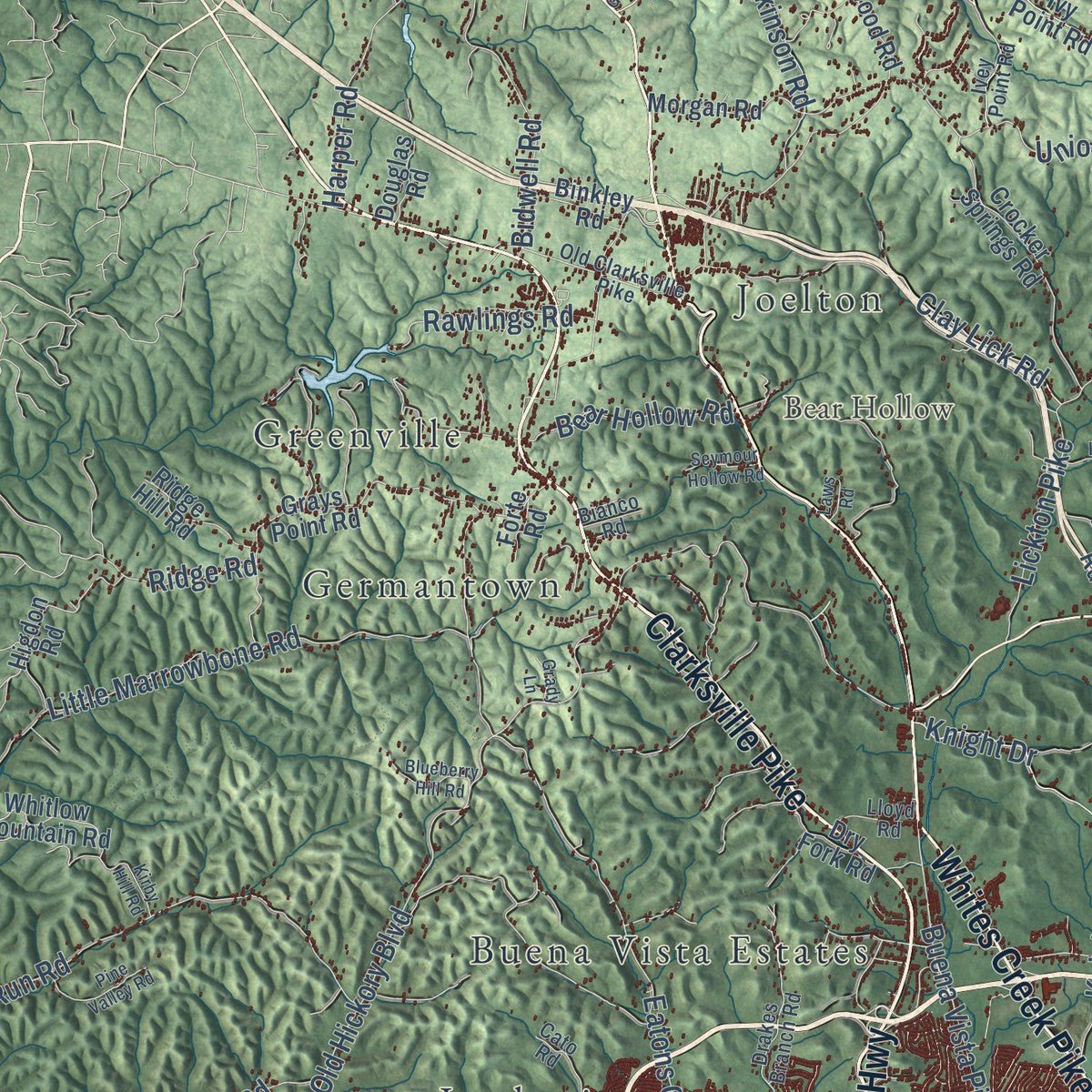 Second close-up of the map of Nashville, Tennessee print showing more streets and buildings