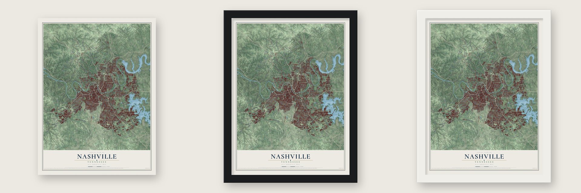 Nashville, Tennessee map unframed, in a black wood frame and in a white wood frame