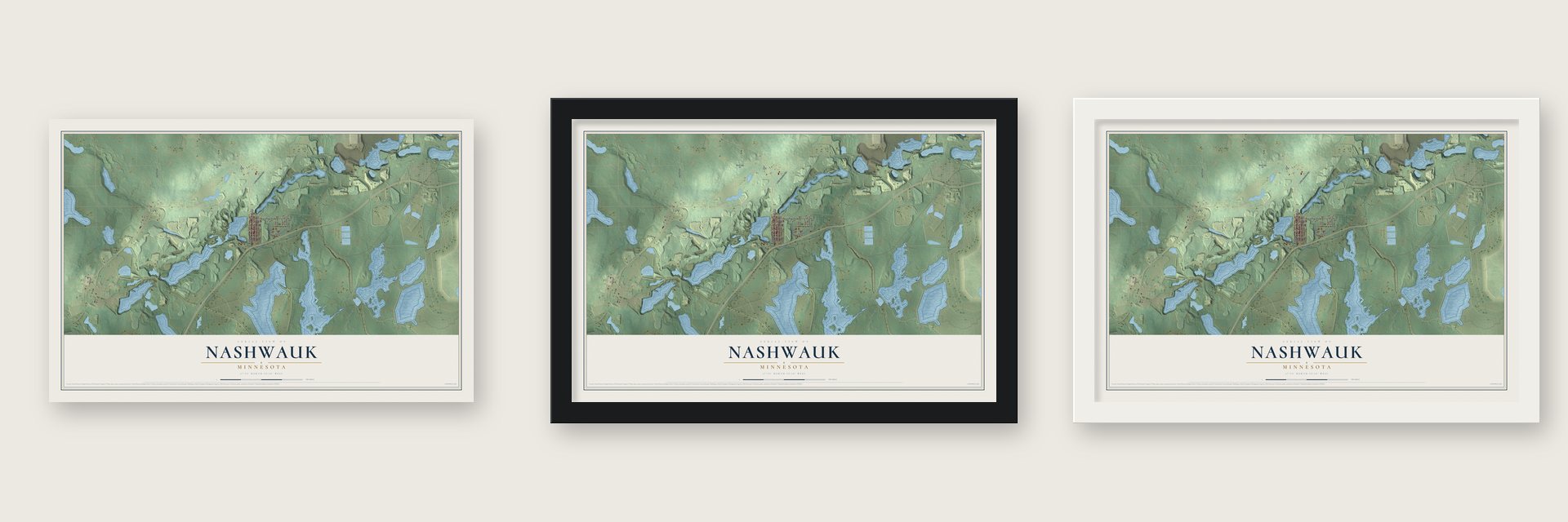 Nashwauk, Minnesota map unframed, in a black wood frame and in a white wood frame
