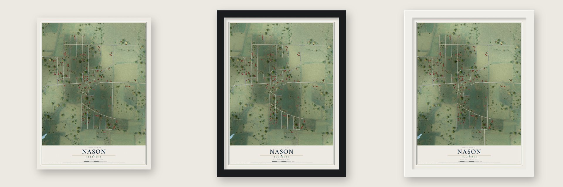 Nason, Illinois map unframed, in a black wood frame and in a white wood frame