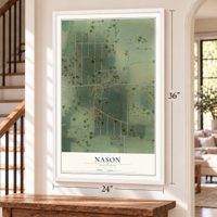Nason, Illinois map, 24 x 36 inch print in a white frame by a staircase