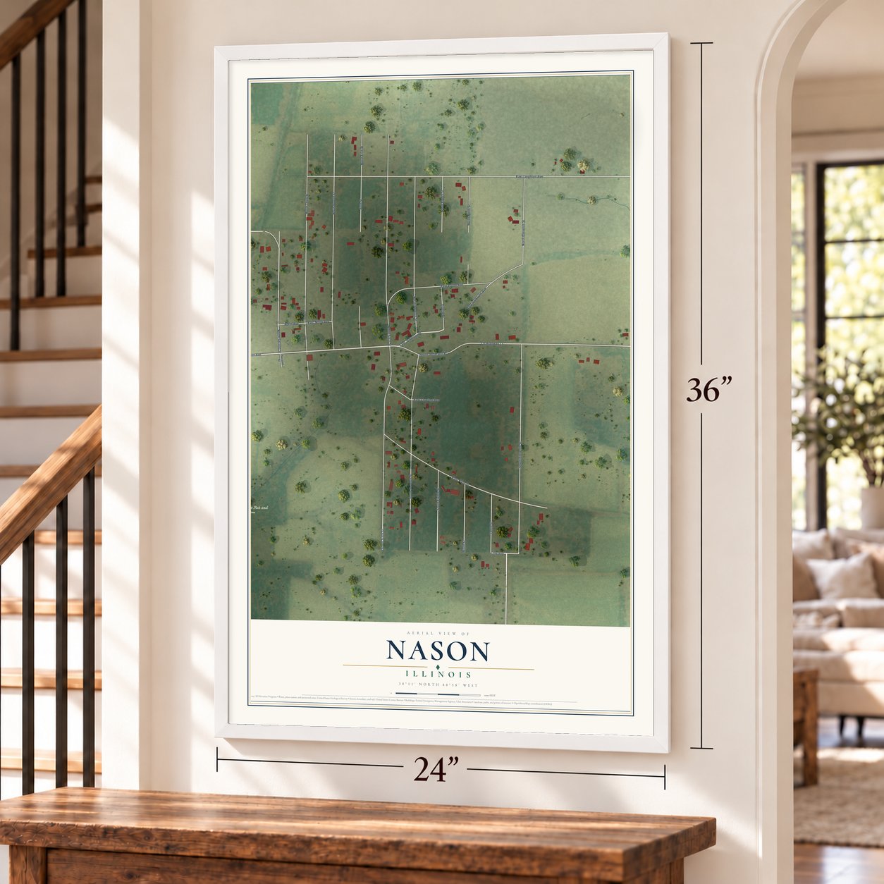 Nason, Illinois map, 24 x 36 inch print in a white frame by a staircase