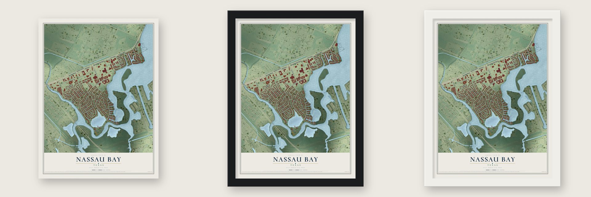 Nassau Bay, Texas map unframed, in a black wood frame and in a white wood frame
