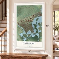 Nassau Bay, Texas map, 24 x 36 inch print in a white frame by a staircase