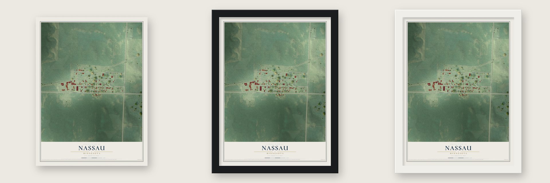 Nassau, Minnesota map unframed, in a black wood frame and in a white wood frame