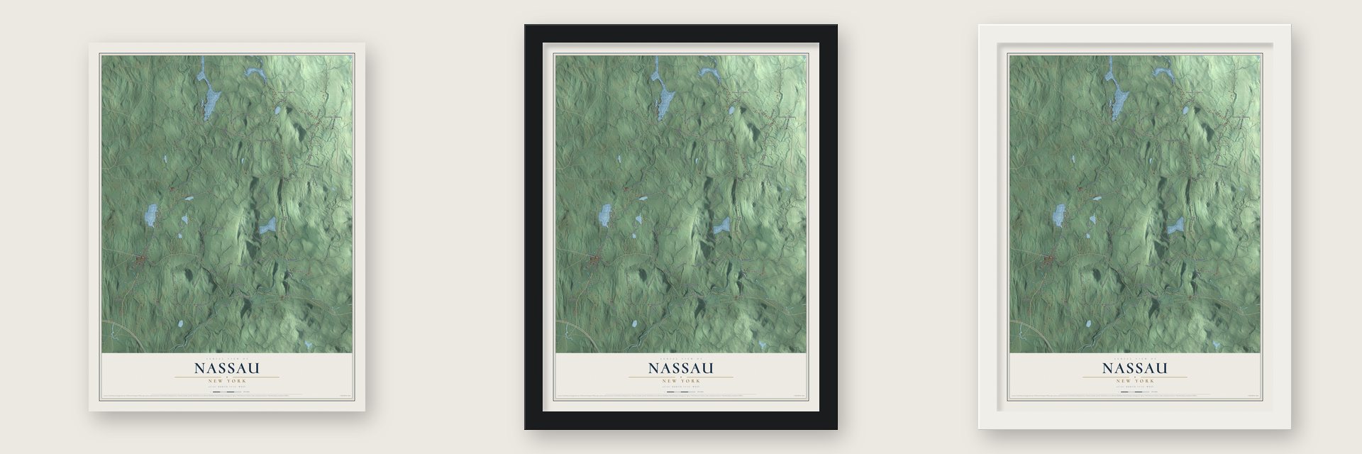 Nassau, New York map unframed, in a black wood frame and in a white wood frame