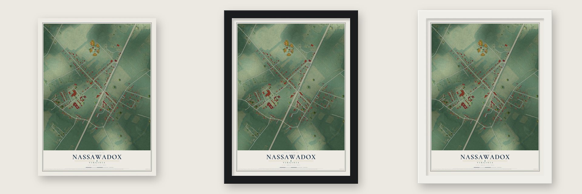 Nassawadox, Virginia map unframed, in a black wood frame and in a white wood frame