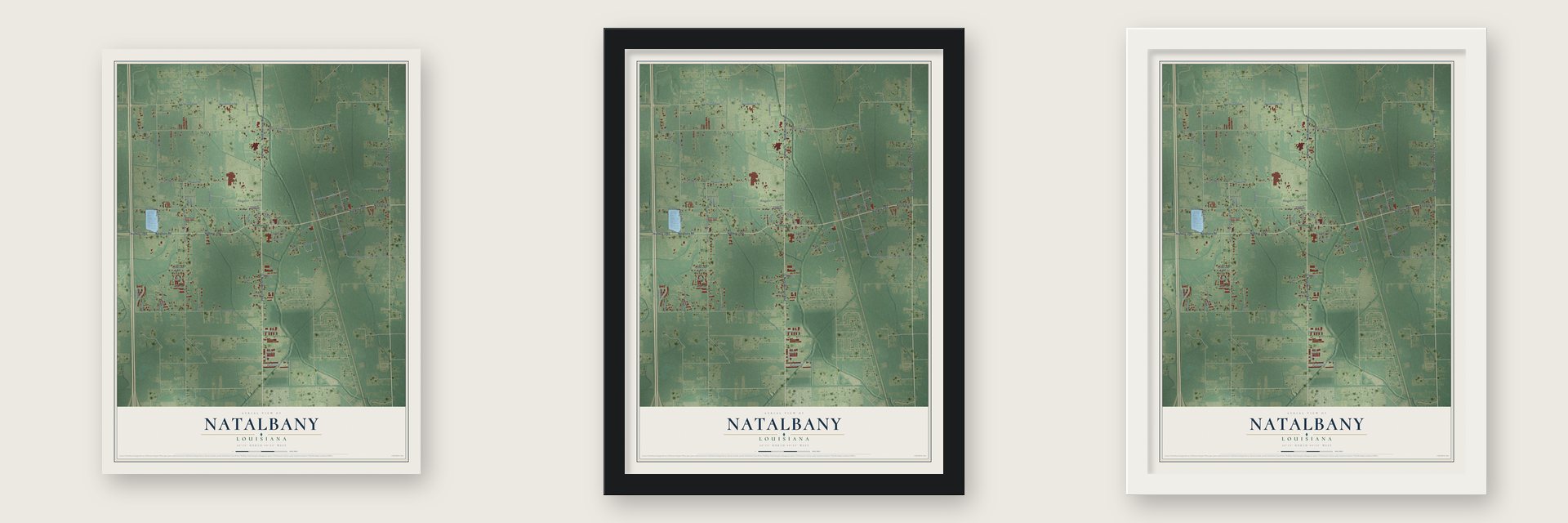 Natalbany, Louisiana map unframed, in a black wood frame and in a white wood frame