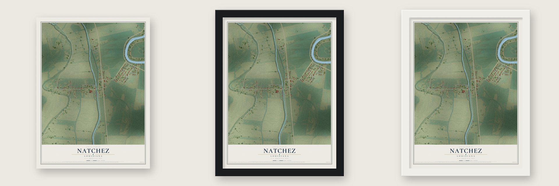 Natchez, Louisiana map unframed, in a black wood frame and in a white wood frame
