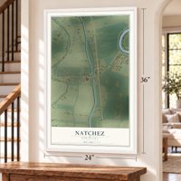 Natchez, Louisiana map, 24 x 36 inch print in a white frame by a staircase