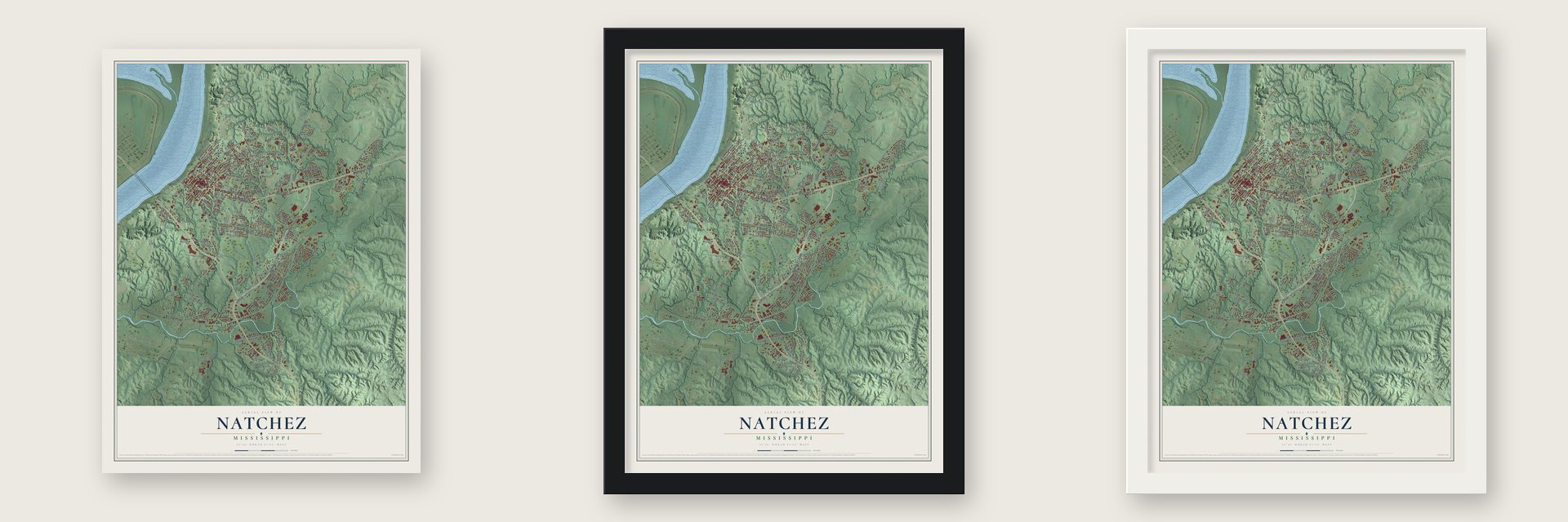 Natchez, Mississippi map unframed, in a black wood frame and in a white wood frame