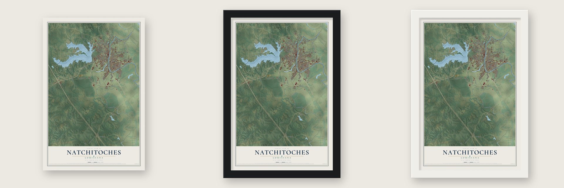 Natchitoches, Louisiana map unframed, in a black wood frame and in a white wood frame