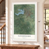 Natchitoches, Louisiana map, 24 x 36 inch print in a white frame by a staircase