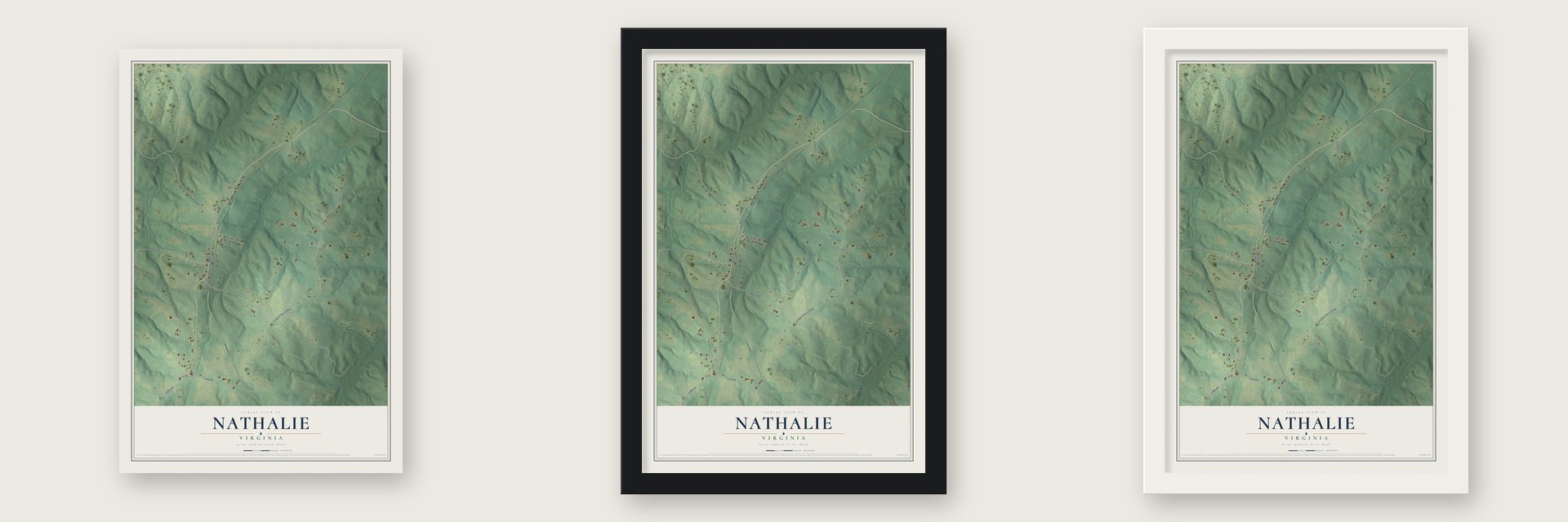 Nathalie, Virginia map unframed, in a black wood frame and in a white wood frame