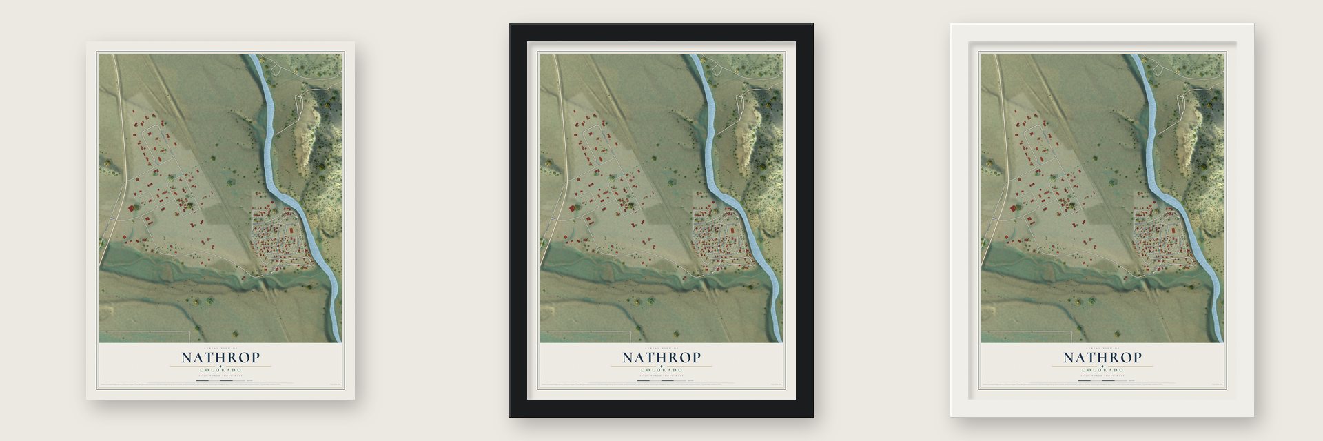 Nathrop, Colorado map unframed, in a black wood frame and in a white wood frame