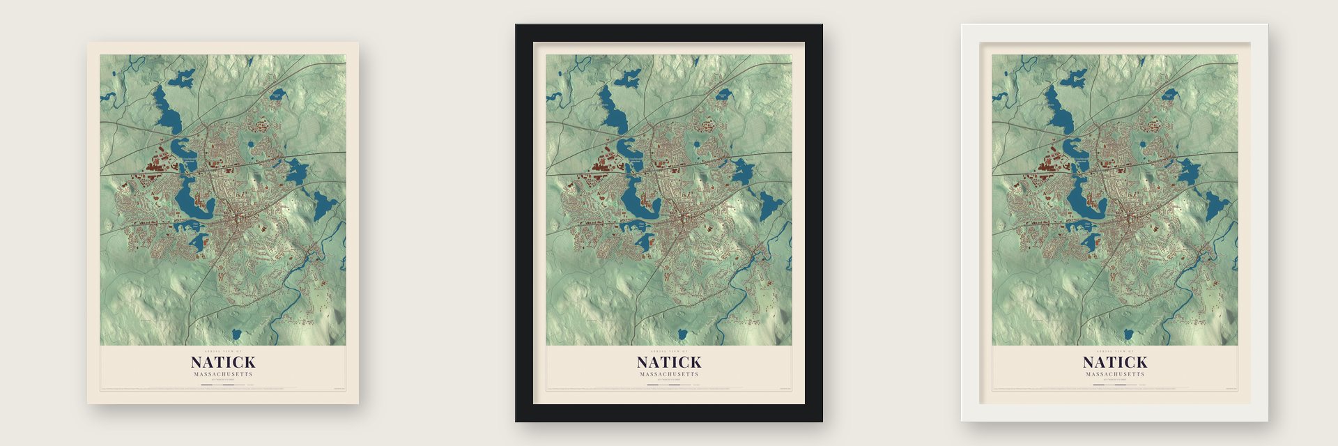 Natick, Massachusetts map unframed, in a black wood frame and in a white wood frame