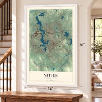 Natick, Massachusetts map, 24 x 36 inch print in a white frame by a staircase