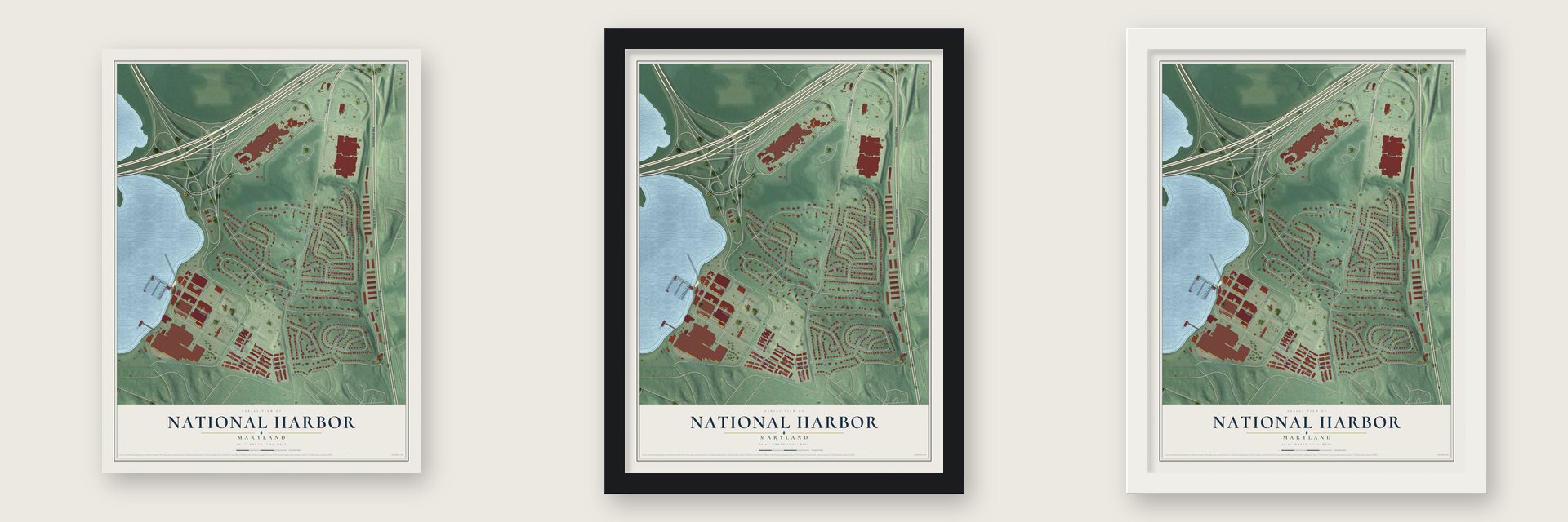 National Harbor, Maryland map unframed, in a black wood frame and in a white wood frame