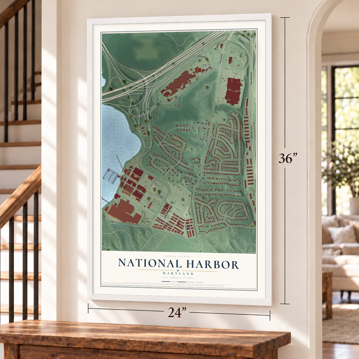 National Harbor, Maryland map, 24 x 36 inch print in a white frame by a staircase