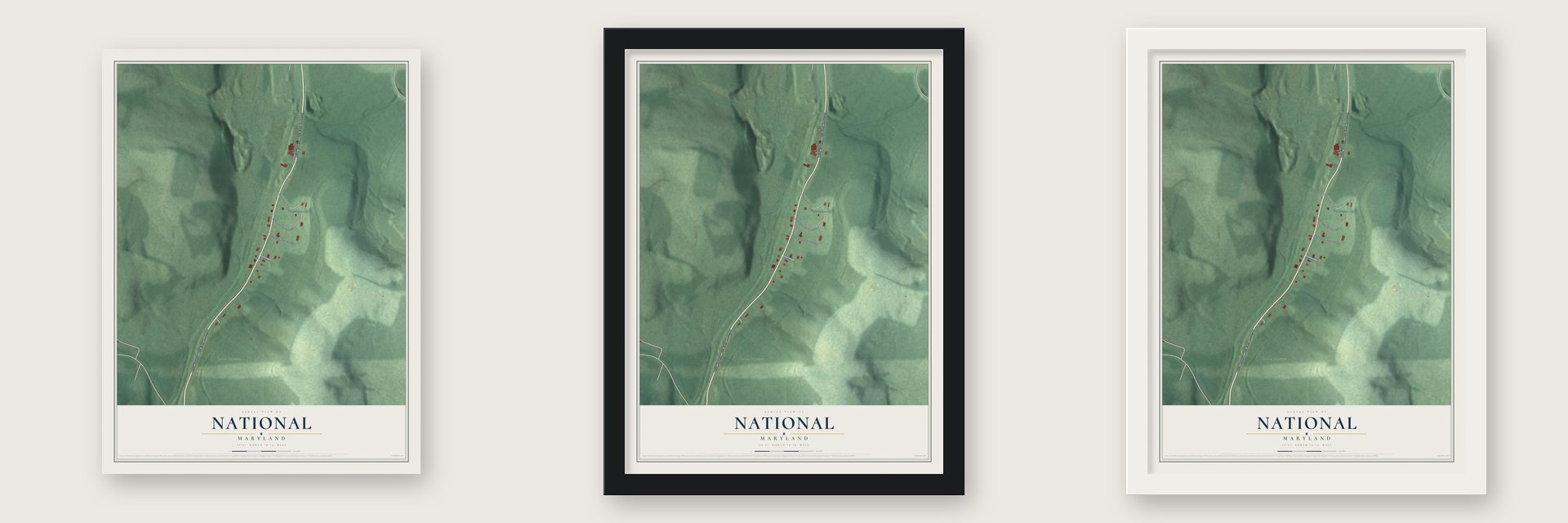 National, Maryland map unframed, in a black wood frame and in a white wood frame
