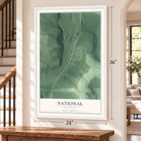 National, Maryland map, 24 x 36 inch print in a white frame by a staircase