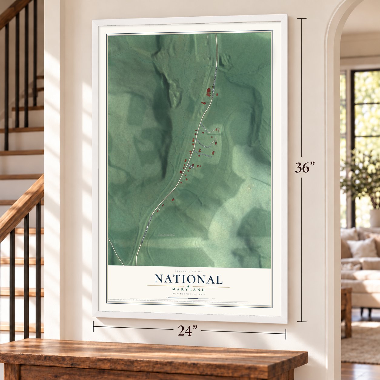 National, Maryland map, 24 x 36 inch print in a white frame by a staircase