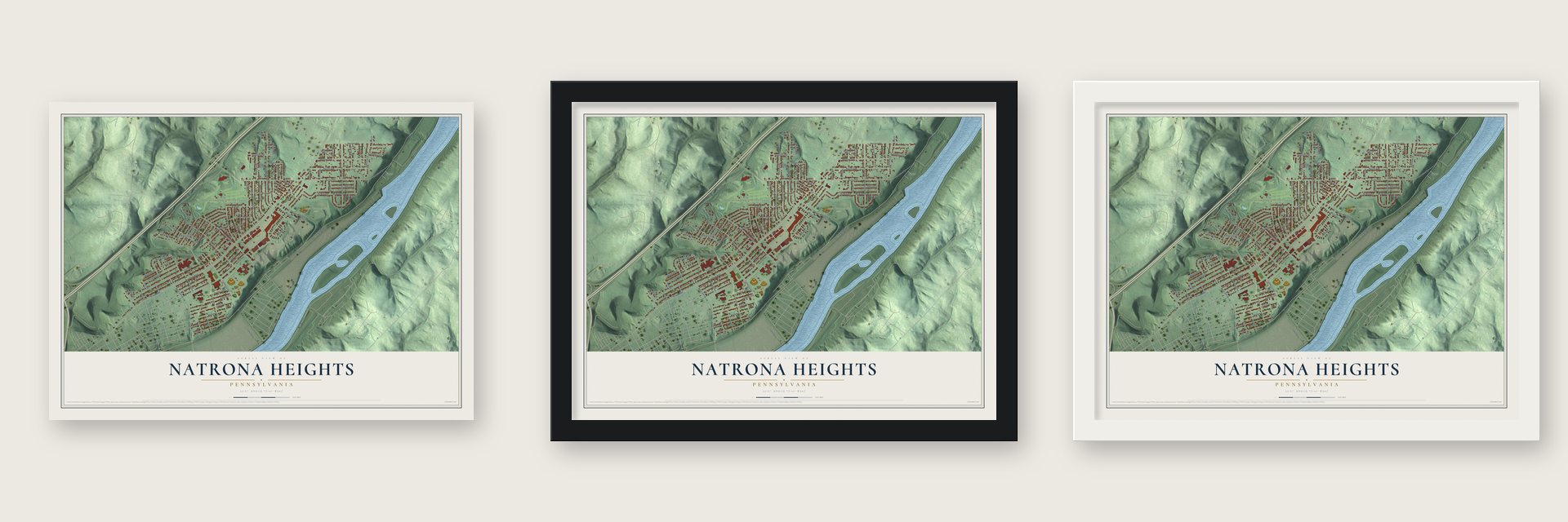Natrona Heights, Pennsylvania map unframed, in a black wood frame and in a white wood frame