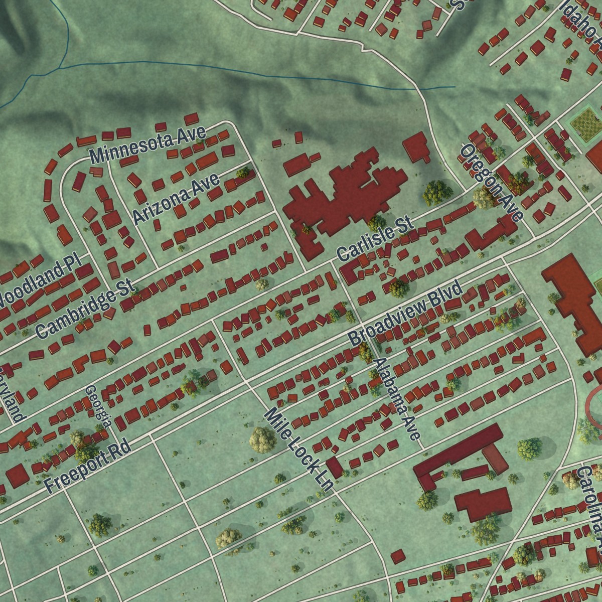 Second close-up of the map of Natrona Heights, Pennsylvania print showing more streets and buildings