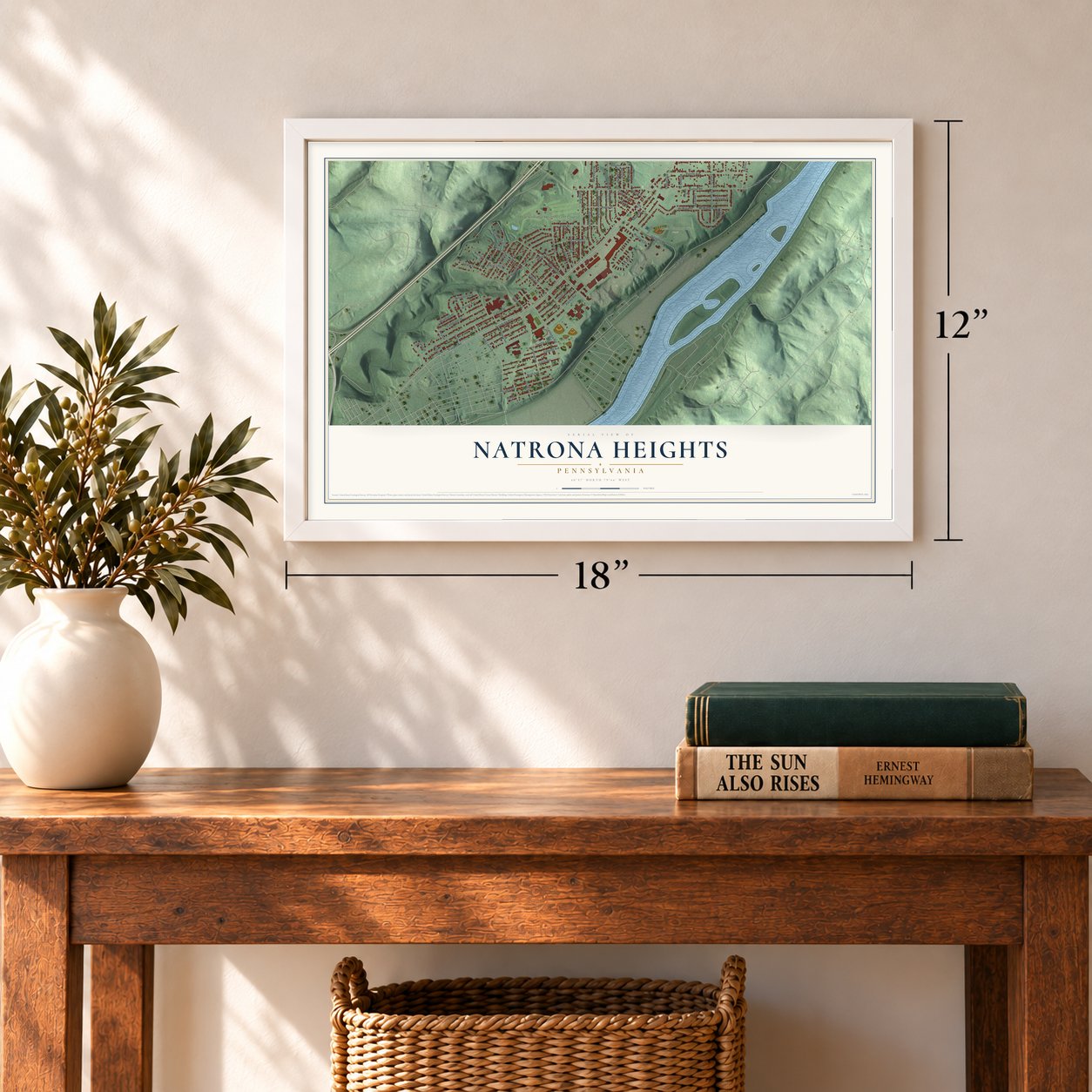 Natrona Heights, Pennsylvania map, 12 x 18 inch print in a white frame in an entryway