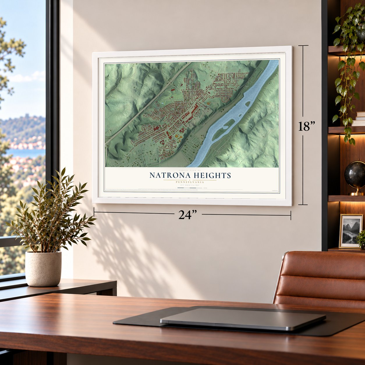 Natrona Heights, Pennsylvania map, 18 x 24 inch print in a white frame in a home office