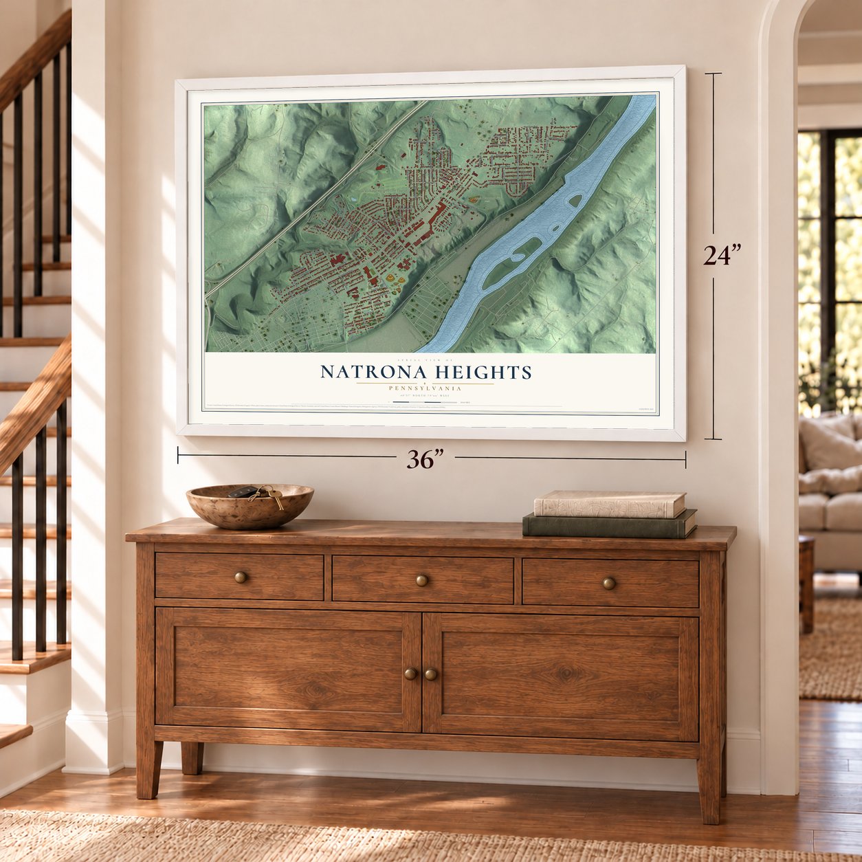 Natrona Heights, Pennsylvania map, 24 x 36 inch print in a white frame above a dresser by a staircase