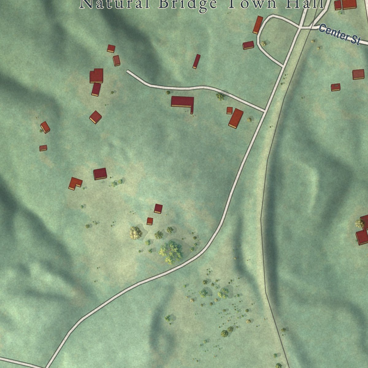 Second close-up of the map of Natural Bridge, Alabama print showing more streets and buildings