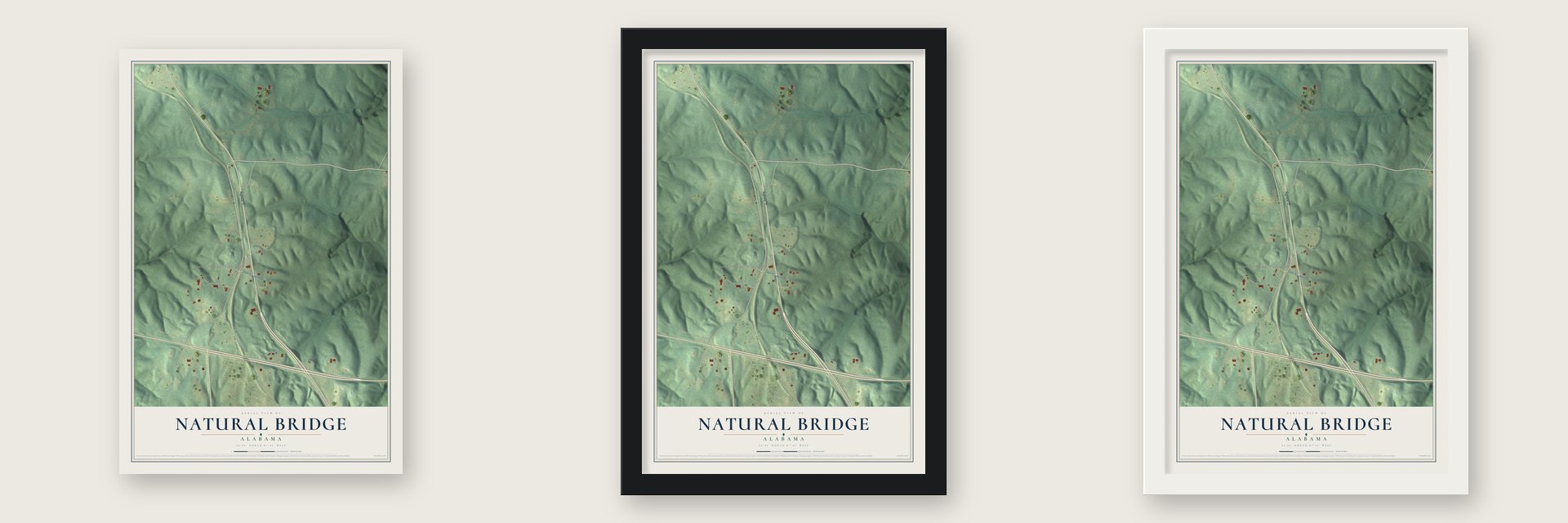 Natural Bridge, Alabama map unframed, in a black wood frame and in a white wood frame