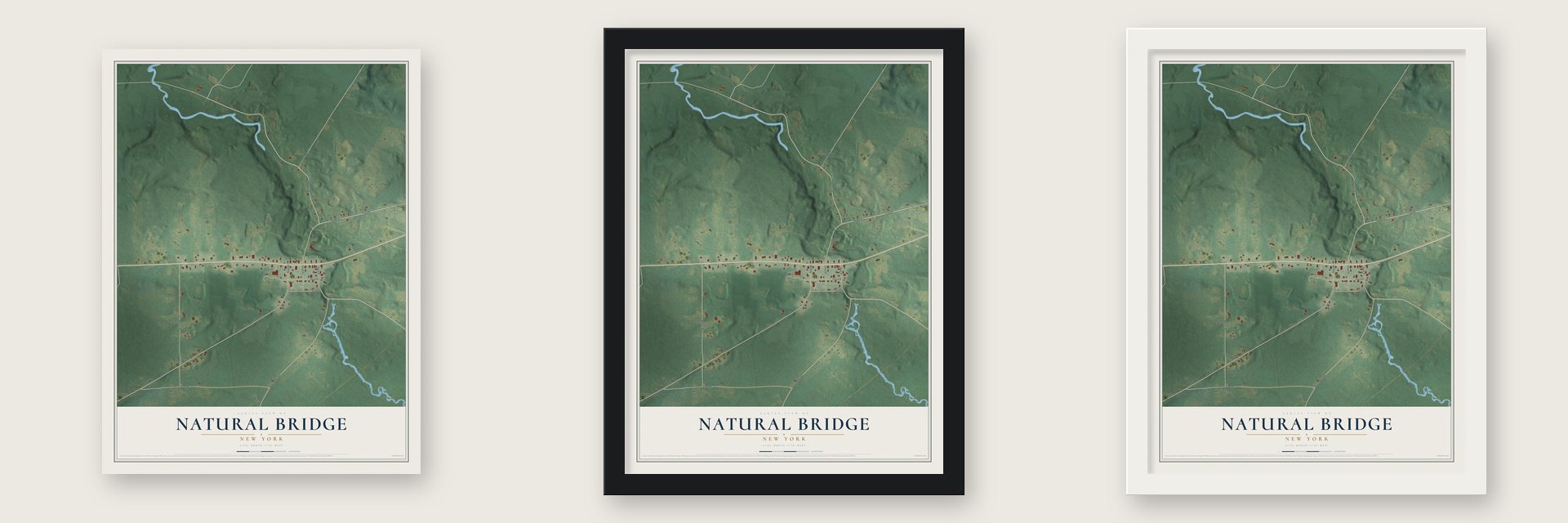 Natural Bridge, New York map unframed, in a black wood frame and in a white wood frame