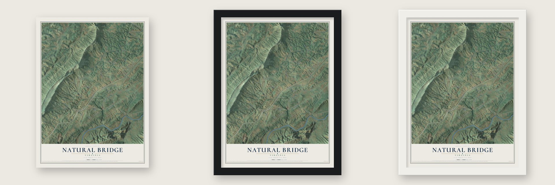Natural Bridge, Virginia map unframed, in a black wood frame and in a white wood frame