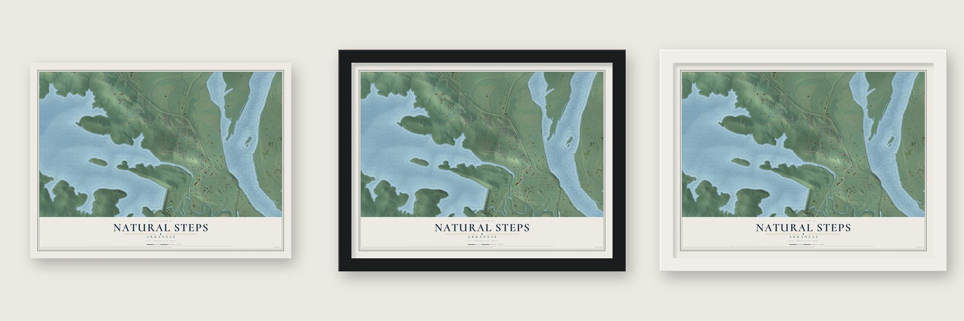 Natural Steps, Arkansas map unframed, in a black wood frame and in a white wood frame