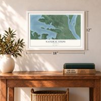 Natural Steps, Arkansas map, 12 x 18 inch print in a white frame in an entryway