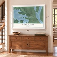 Natural Steps, Arkansas map, 24 x 36 inch print in a white frame above a dresser by a staircase