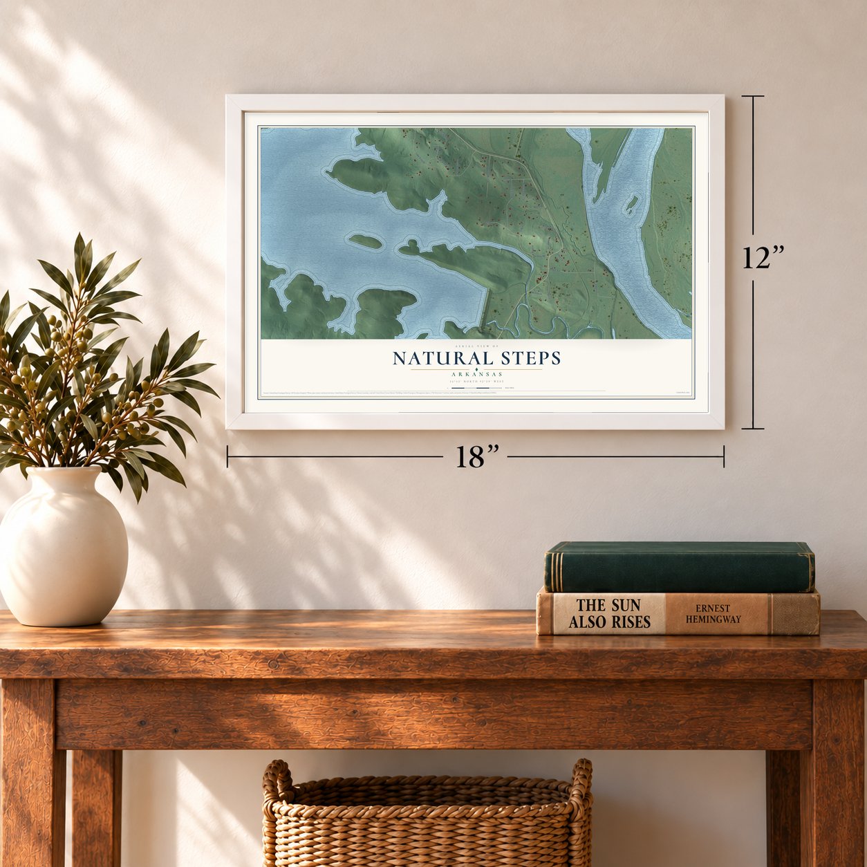 Natural Steps, Arkansas map, 12 x 18 inch print in a white frame in an entryway