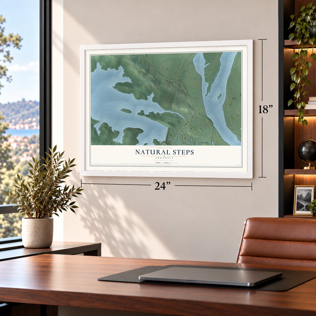 Natural Steps, Arkansas map, 18 x 24 inch print in a white frame in a home office