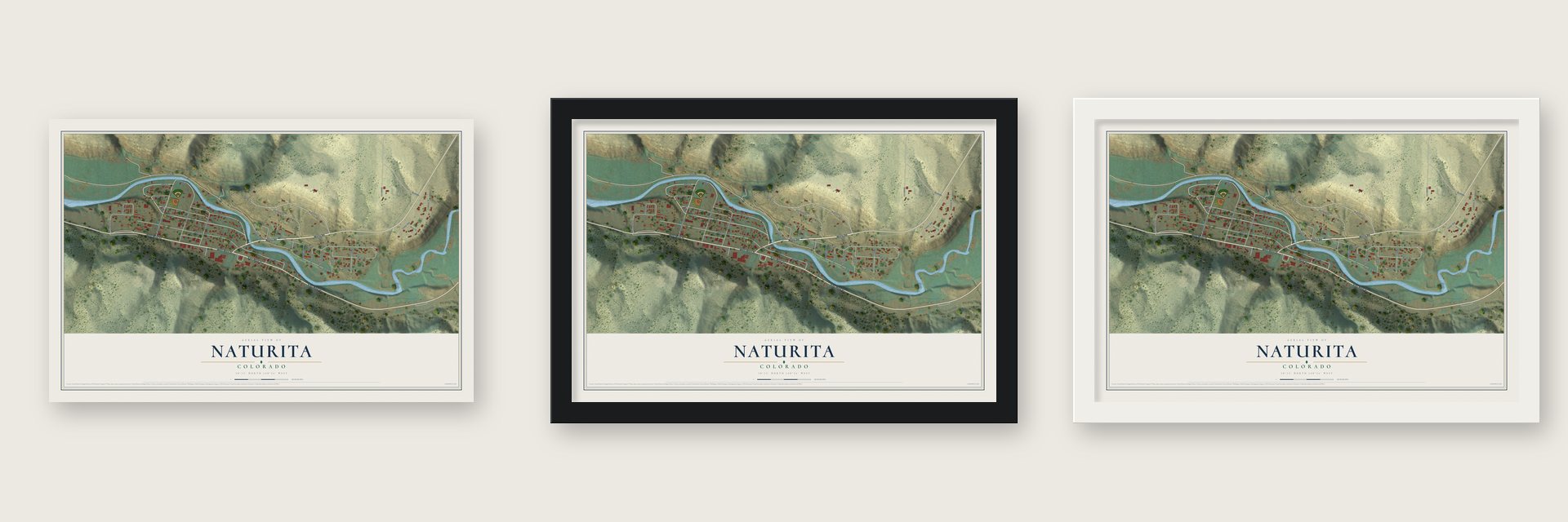 Naturita, Colorado map unframed, in a black wood frame and in a white wood frame