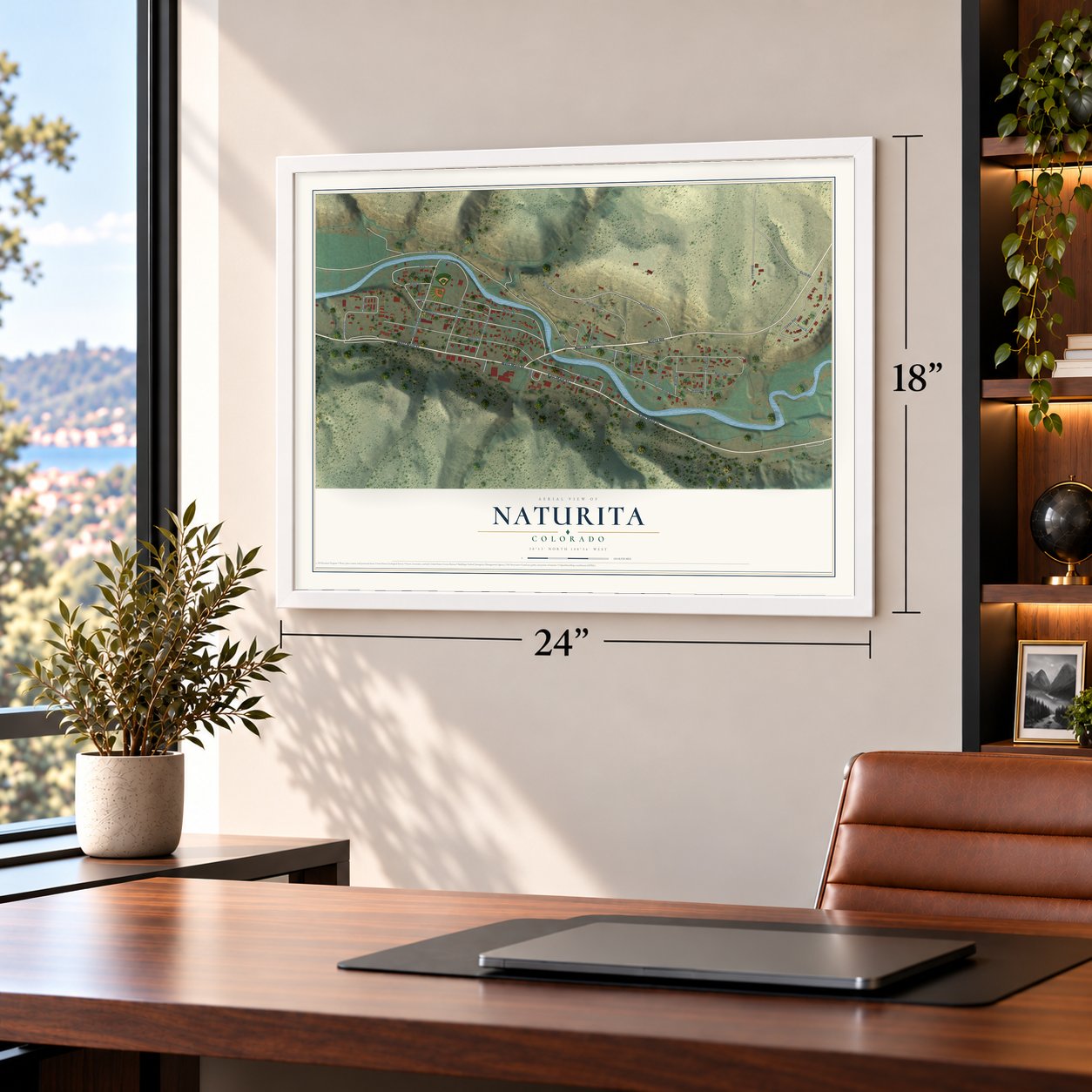 Naturita, Colorado map, 18 x 24 inch print in a white frame in a home office