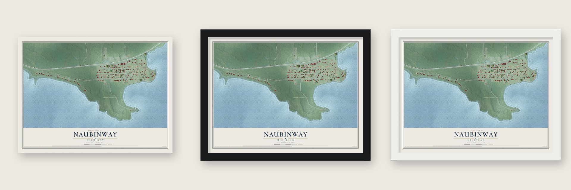 Naubinway, Michigan map unframed, in a black wood frame and in a white wood frame