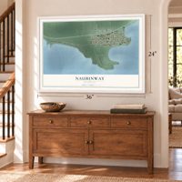 Naubinway, Michigan map, 24 x 36 inch print in a white frame above a dresser by a staircase